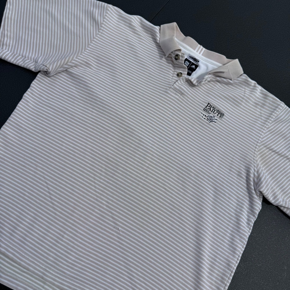 Adidas Golf Polo Shirt Mens M Tan White Vintage Y2K Striped Las Vegas 2004